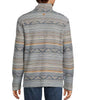 A man wearing a long-sleeve quarter-zip pullover with a multicolor geometric pattern in blue, beige, and white, shown from the back against a white background.