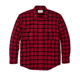 A red and black buffalo plaid long-sleeve button-up flannel shirt by Filson, displayed flat against a solid white background.