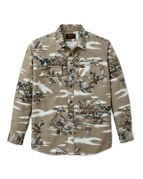 A long-sleeve button-up shirt by Fjälör, featuring a detailed duck hunting print in shades of brown, beige, and gray. The shirt includes two chest pockets and a classic collar, shown flat against a solid white background.