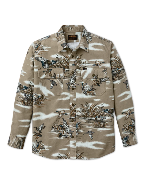 A long-sleeve button-up shirt by Fjälör, featuring a detailed duck hunting print in shades of brown, beige, and gray. The shirt includes two chest pockets and a classic collar, shown flat against a solid white background.
