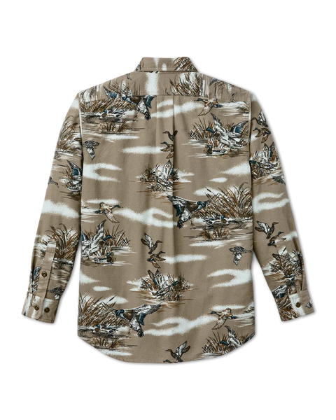 A long-sleeve button-up shirt shown from the back, featuring a tan and brown camouflage-style pattern with ducks, reeds, and water motifs.