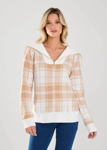 Women's French Dressing | Plaid Half Zip Sweater | Neutral Tartan