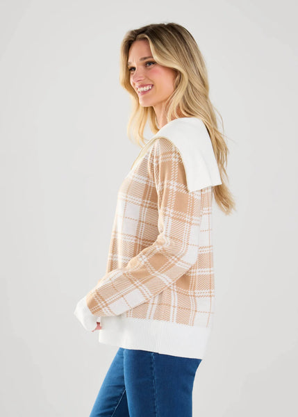 Women's French Dressing | Plaid Half Zip Sweater | Neutral Tartan