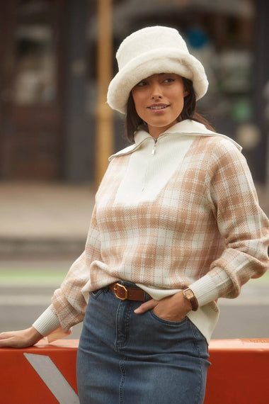 Women's French Dressing | Plaid Half Zip Sweater | Neutral Tartan