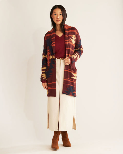 Women's Pendleton | Graphic Long Sweater Coat | Maroon Multi