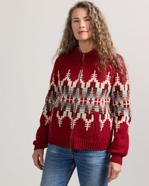 Women's Pendleton | Graphic Wool Zip-Up Cardigan | Chili Red Multi