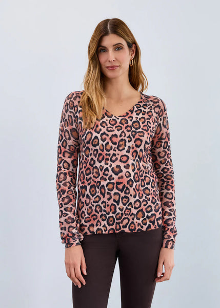 Women's French Dressing | V-Neck Pointelle-Sleeve Sweater| Light Leopard