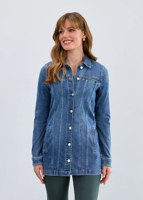 Women's French Dressing | Long Denim Jacket | Medium Blue Wash
