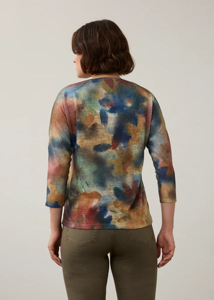 A woman viewed from behind wearing a three-quarter sleeve top with a multicolor abstract watercolor pattern in blue, brown, beige, and red, paired with olive green pants, against a plain light gray background.