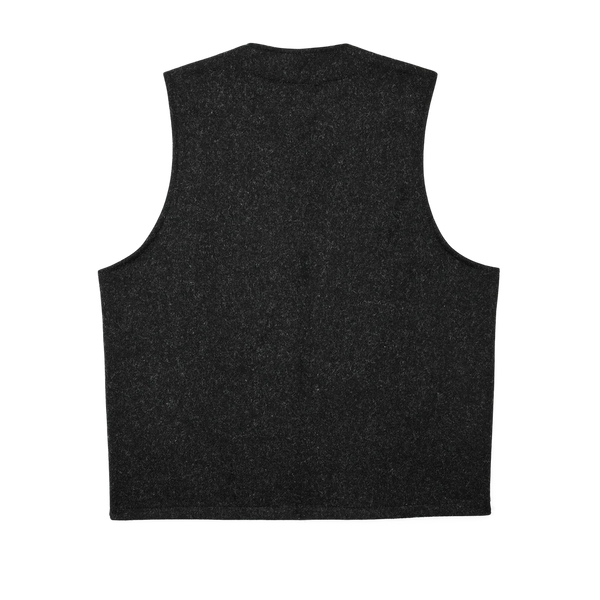 A sleeveless black knit vest with a crew neck, shown from the back on a solid white background.