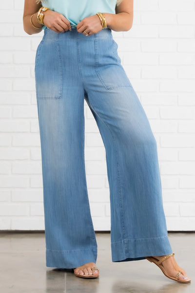 Women's Tribal | Flowy Pull On Wide Leg Capri Jean | Scuba Blue