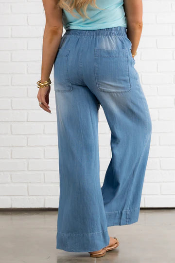 Women's Tribal | Flowy Pull On Wide Leg Jean | Scuba Blue