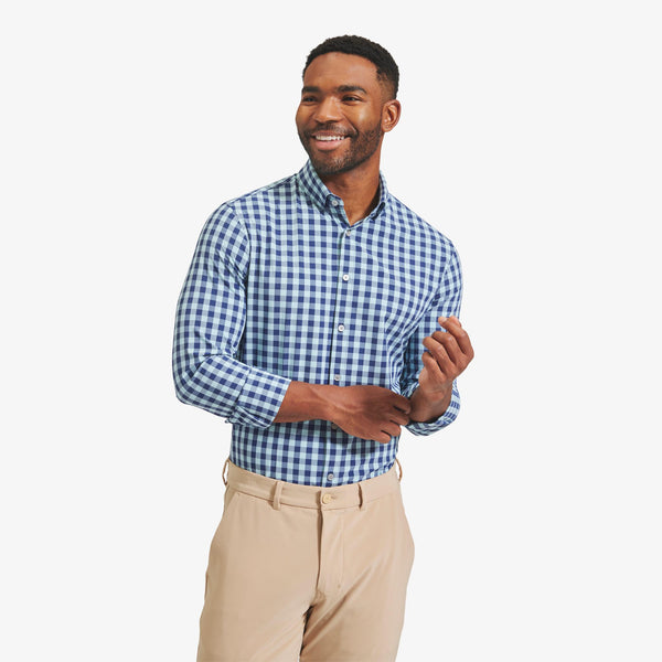 Men's Mizzen + Main | Leeward Trim Long Sleeve | Navy Aqua Gingham