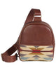 A brown leather crossbody bag with a geometric patterned front pocket featuring Southwestern-style stripes in beige, red, blue, and brown, on a white background.