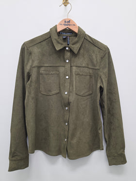 Women's French Dressing | Long Sleeve Suede Button-down Top | Olive
