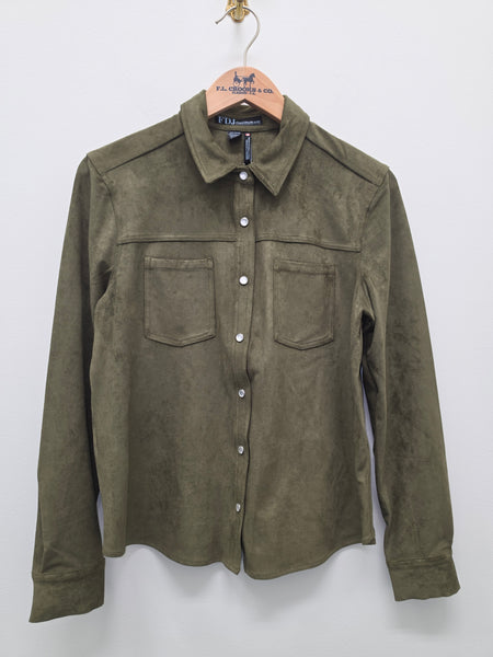 Women's French Dressing | Long Sleeve Suede Button-down Top | Olive
