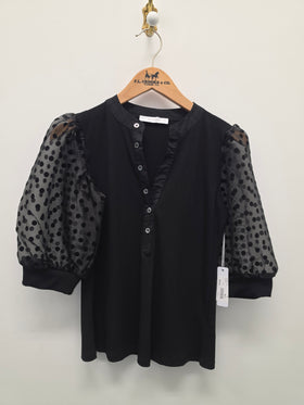 Women's Six / Fifty | Polka-Dot Puff Sleeve Mixed-Media Blouse | Black