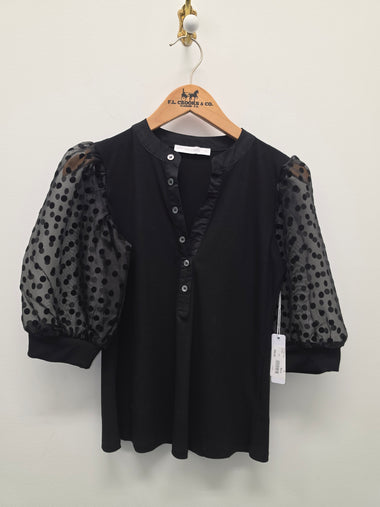 Women's Six / Fifty | Polka-Dot Puff Sleeve Mixed-Media Blouse | Black