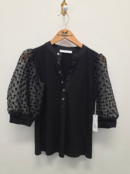 Women's Six / Fifty | Polka-Dot Puff Sleeve Mixed-Media Blouse | Black