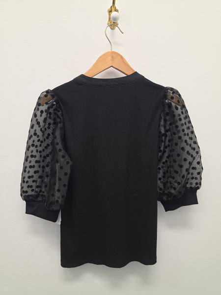 Women's Six / Fifty | Polka-Dot Puff Sleeve Mixed-Media Blouse | Black