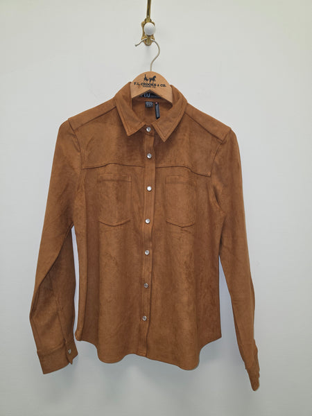 Women's French Dressing | Long Sleeve Suede Button-down Top | Camel