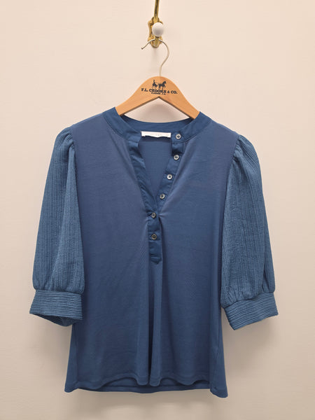 Women's Six / Fifty | Satin Ruffle Sleeve Mixed-Media Blouse | Coastal Blue