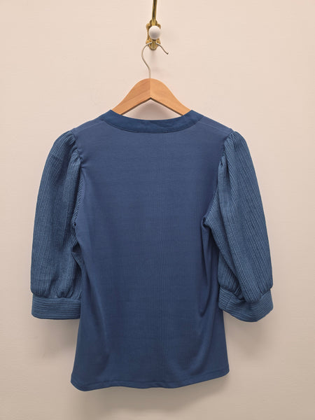Women's Six / Fifty | Satin Ruffle Sleeve Mixed-Media Blouse | Coastal Blue