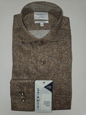 A folded Stantt shirt in a brown and beige speckled tweed pattern, featuring a button-down front, collar, and a retail hangtag.