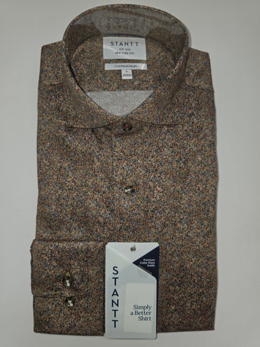 A folded Stantt shirt in a brown and beige speckled tweed pattern, featuring a button-down front, collar, and a retail hangtag.