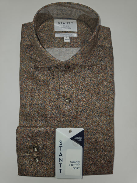 A folded Stantt shirt in a brown and beige speckled tweed pattern, featuring a button-down front, collar, and a retail hangtag.