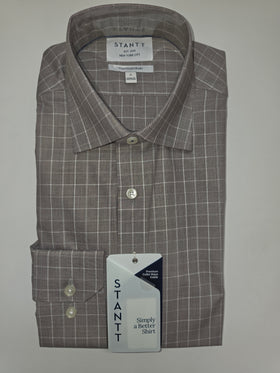 A folded gray and white windowpane plaid dress shirt by Stanttt, featuring a pointed collar, silver buttons, and a branded hangtag.