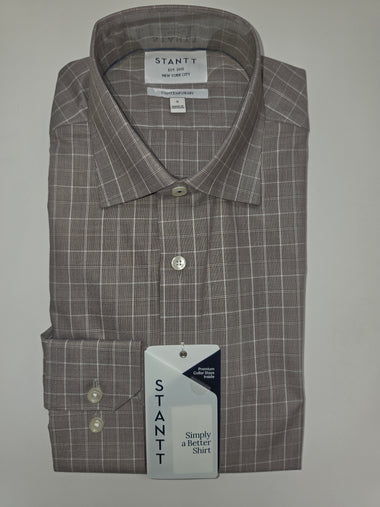 A folded gray and white windowpane plaid dress shirt by Stanttt, featuring a pointed collar, silver buttons, and a branded hangtag.