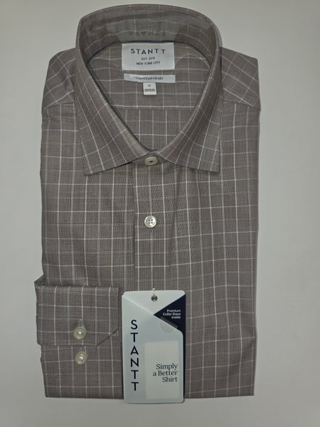 A folded gray and white windowpane plaid dress shirt by Stanttt, featuring a pointed collar, silver buttons, and a branded hangtag.