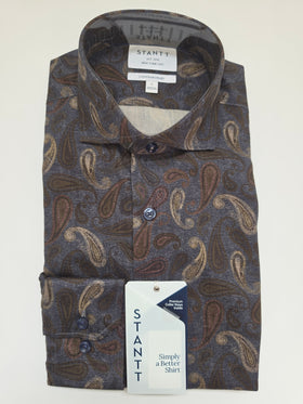 A folded Stantti men's dress shirt with a brown and beige paisley pattern on a slate blue-gray base, featuring a white brand tag and a matching retail hangtag.