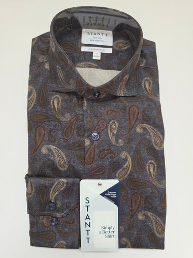 A folded Stantti men's dress shirt with a brown and beige paisley pattern on a slate blue-gray base, featuring a white brand tag and a matching retail hangtag.