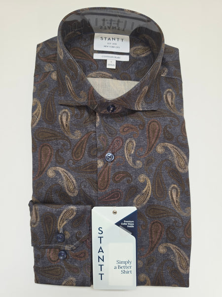 A folded Stantti men's dress shirt with a brown and beige paisley pattern on a slate blue-gray base, featuring a white brand tag and a matching retail hangtag.