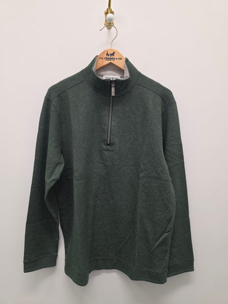 A dark green long-sleeve quarter-zip pullover sweater hanging on a wooden hanger against a plain off-white wall.