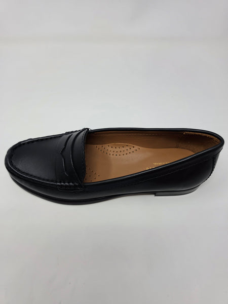 A single black leather penny loafer shown in profile against a plain white background.