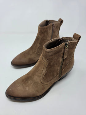 A pair of women's brown suede ankle boots with side zippers, shown on a plain white studio background.
