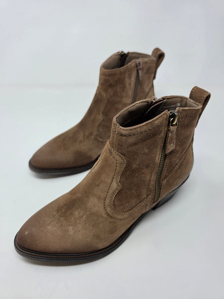 A pair of women's brown suede ankle boots with side zippers, shown on a plain white studio background.