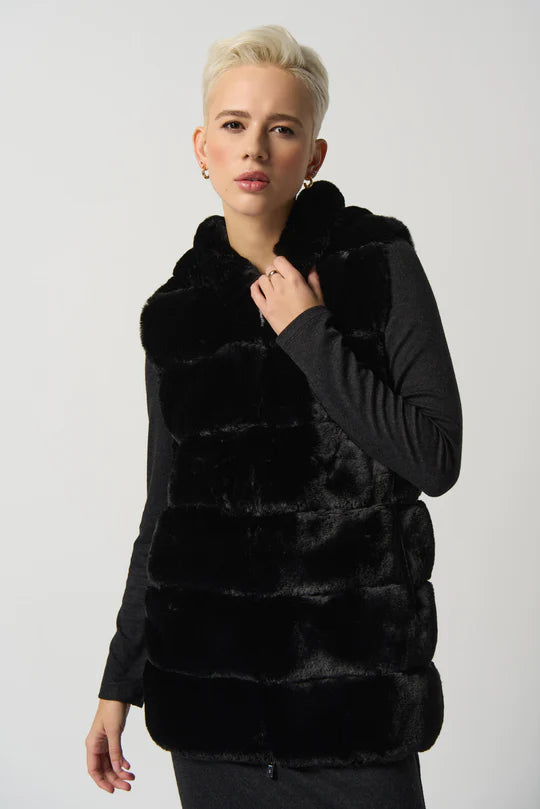 Women's Joseph Ribkoff   Faux Fur Hooded Reversible Vest   Black