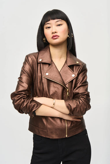 Women's Joseph Ribkoff | Metallic Faux Leather Biker Jacket | Bronze