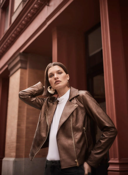 Women's Joseph Ribkoff | Metallic Faux Leather Biker Jacket