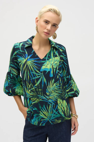 Women's Joseph Ribkoff | Tropical Print Puff Sleeve Pullover Top | Blue