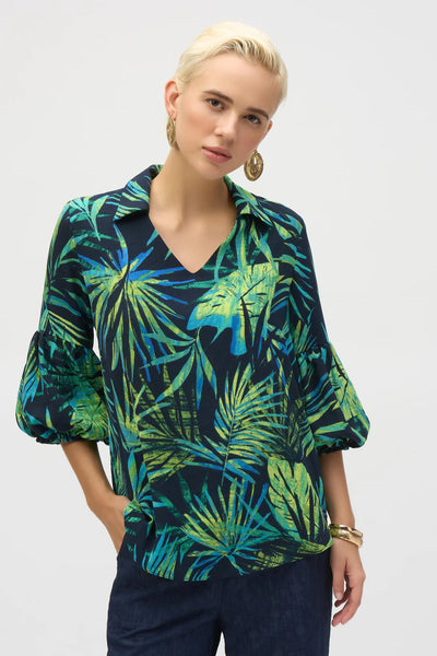 Women's Joseph Ribkoff | Tropical Print Puff Sleeve Pullover Top | Blue