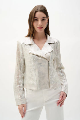 Women's Joseph Ribkoff | Faux Suede Foiled Knit Moto Jacket | Champagne/Silver
