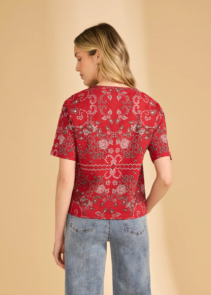 Women's French Dressing | Short Sleeve Foil Print Top | Red Polynesian Block Print