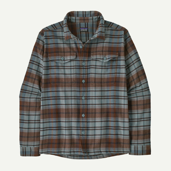 A Patagonia long-sleeve plaid button-up shirt in muted gray, brown, and blue tones, displayed flat against a light off-white background.