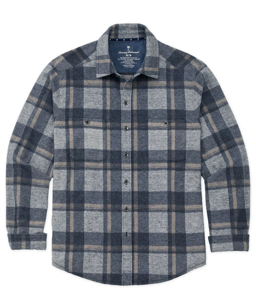A long-sleeve button-up flannel shirt by Anderson & Austin, featuring a navy, gray, and tan plaid pattern, displayed flat against a white background.