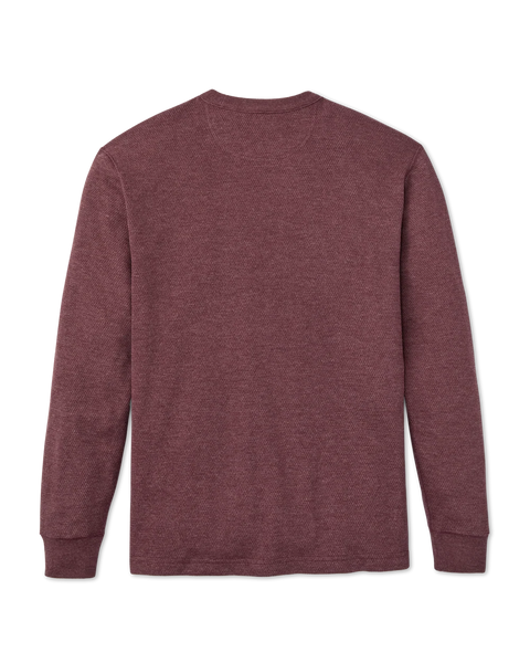 A heathered burgundy long-sleeve crewneck shirt shown from the back, laid flat against a solid white background.